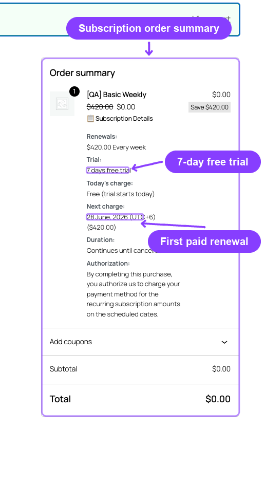 Storefront subscription checkout with order summary and trial