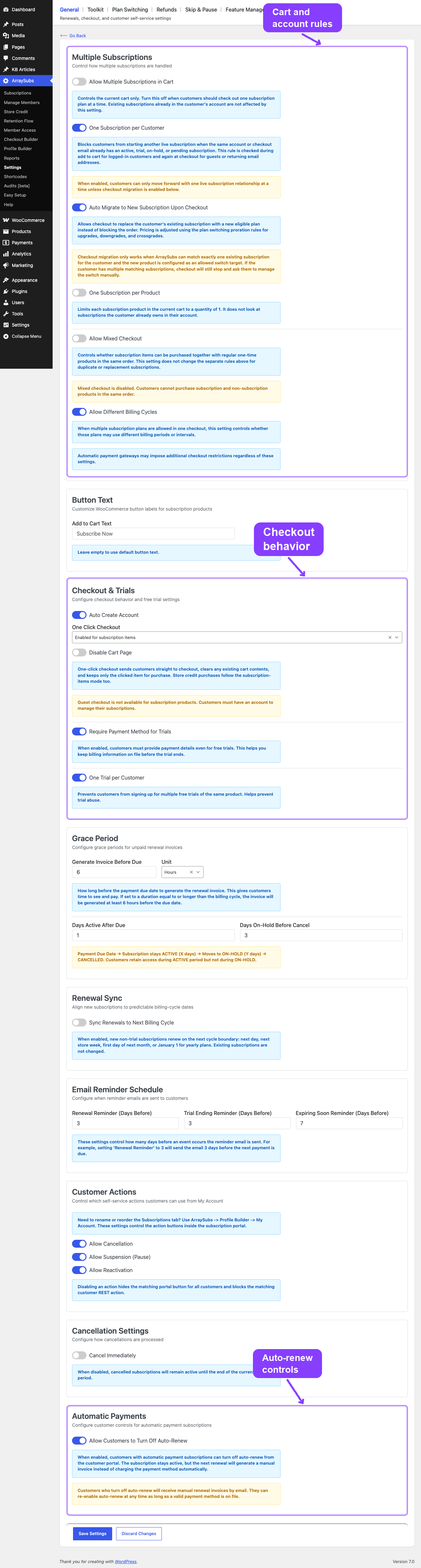 ArraySubs General settings covering global checkout behavior