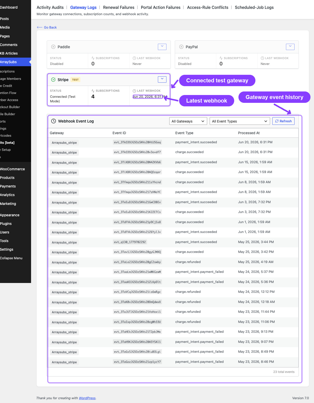 Gateway Logs dashboard with Stripe status and webhook event log
