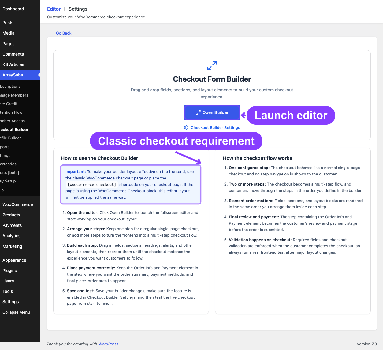 Checkout Form Builder overview with Open Builder and shortcode guidance