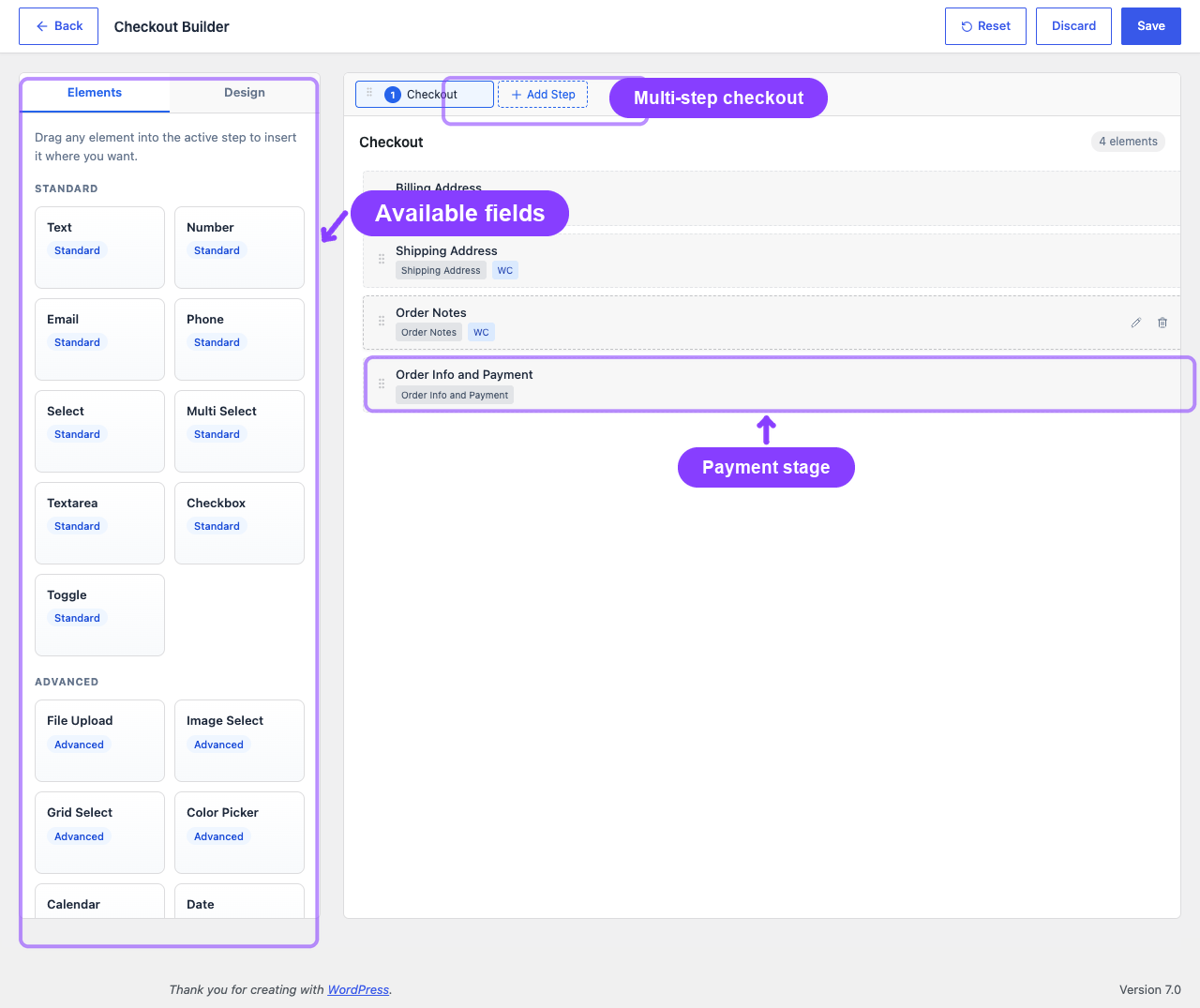 Checkout Builder fullscreen editor with elements palette and steps