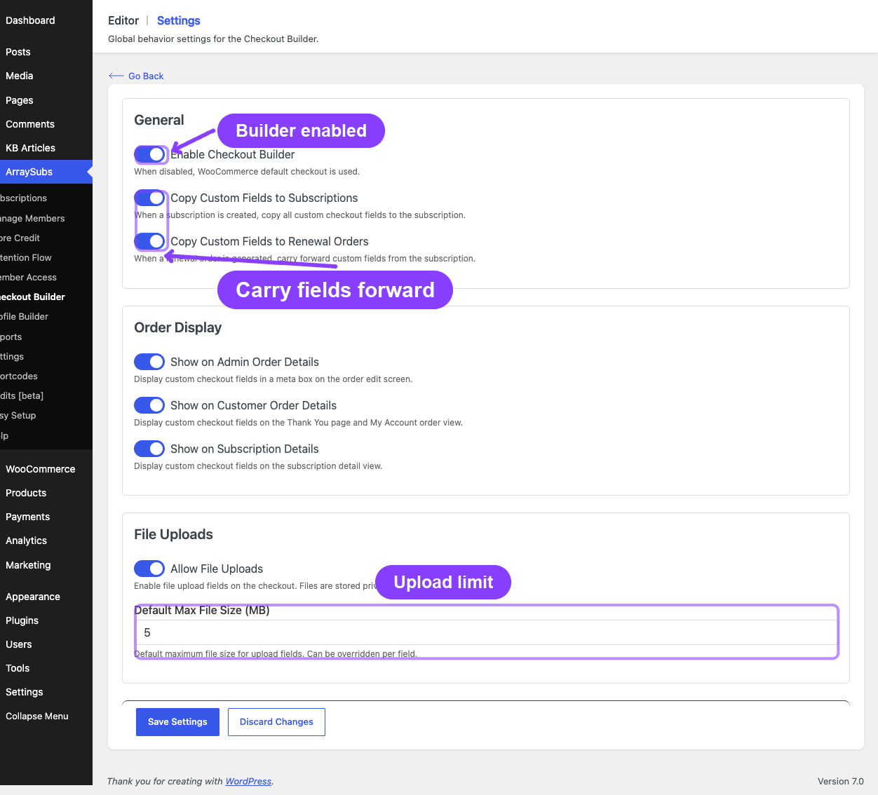 Checkout Builder settings with field-copy toggles and upload limit