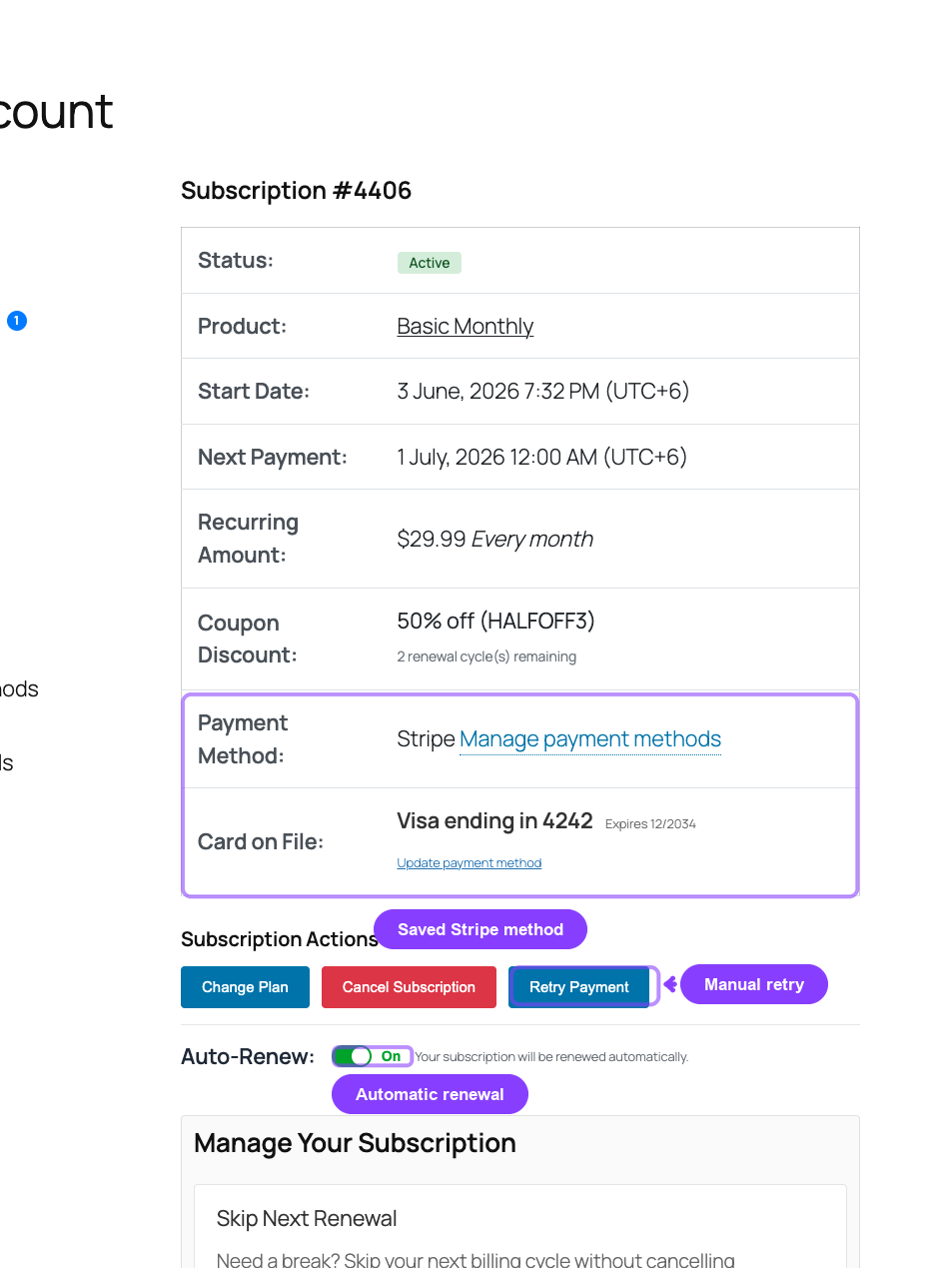 Customer subscription page with Stripe payment method, retry, and auto-renew