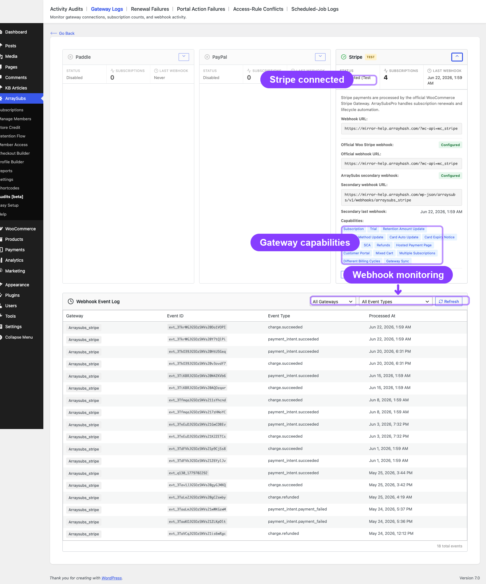 Gateway Logs dashboard with Stripe status, capabilities, and webhook log