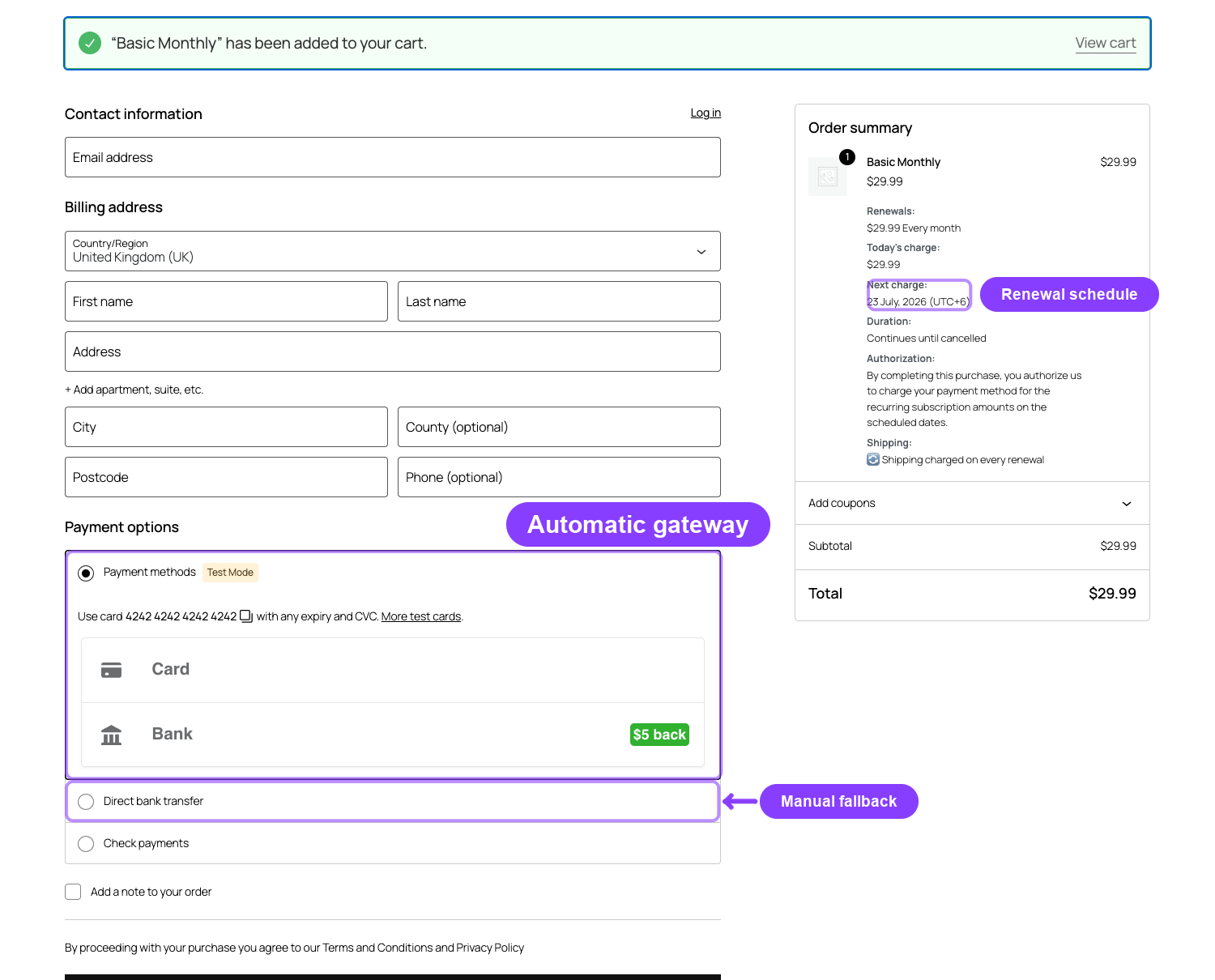 Subscription checkout with automatic gateway and manual fallback