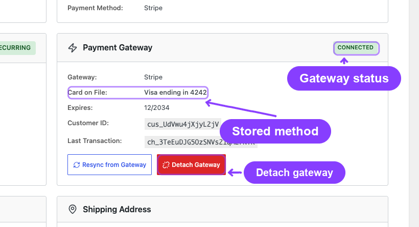 Subscription detail Payment Gateway card with detach control