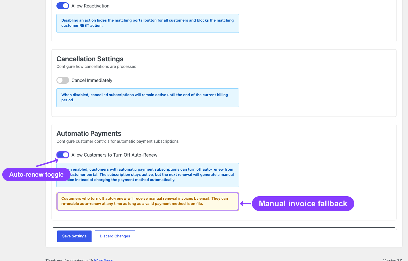 Automatic Payments setting with manual invoice fallback note