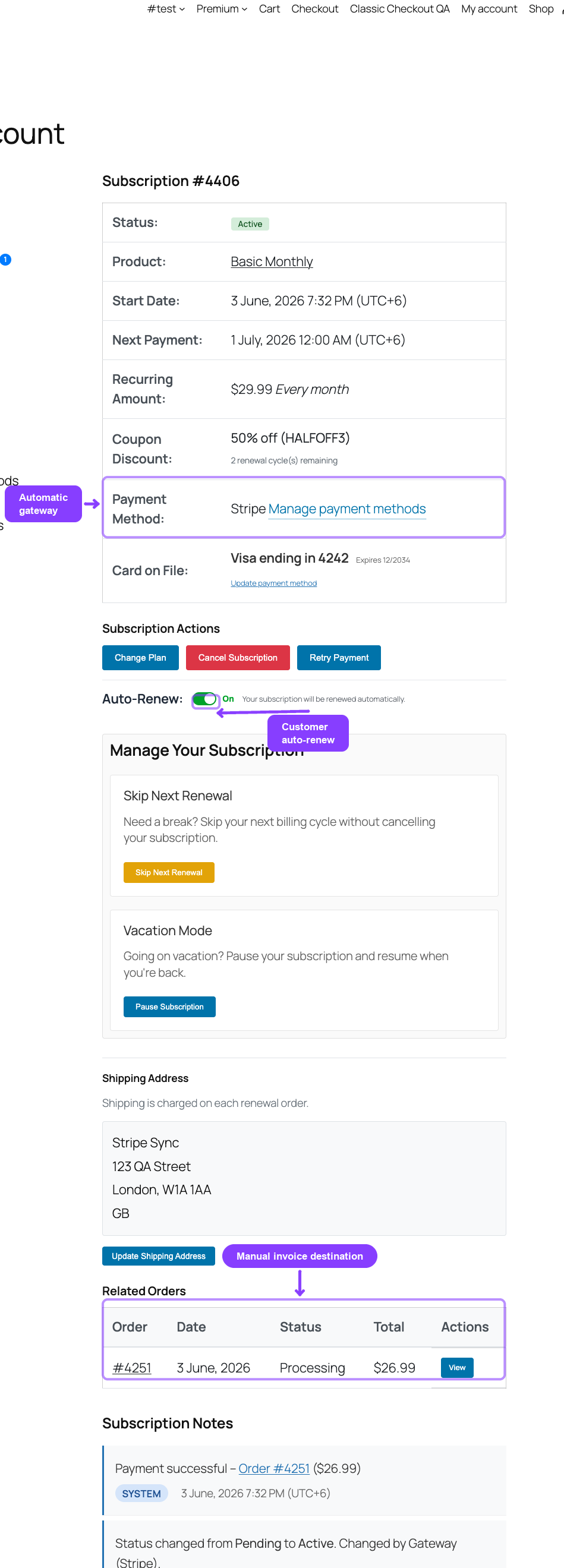 Customer subscription detail with payment method and auto-renew switch