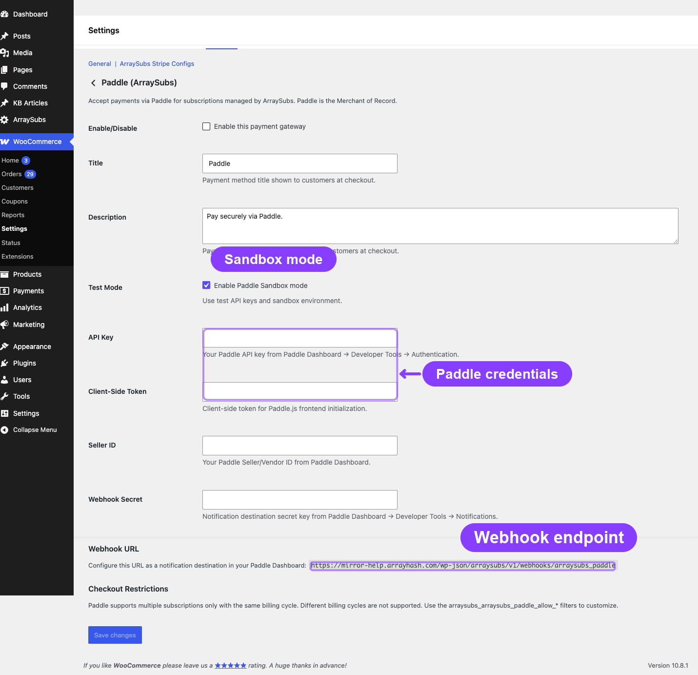 Paddle (ArraySubs) gateway settings with sandbox, credentials, and webhook