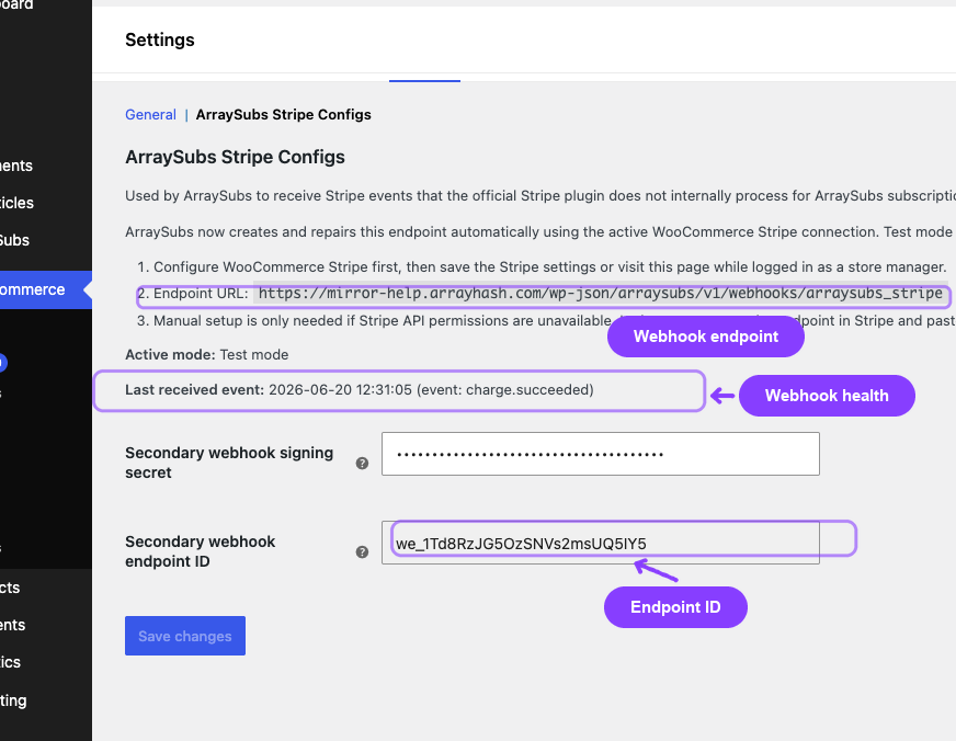 ArraySubs Stripe Configs secondary webhook recovery settings