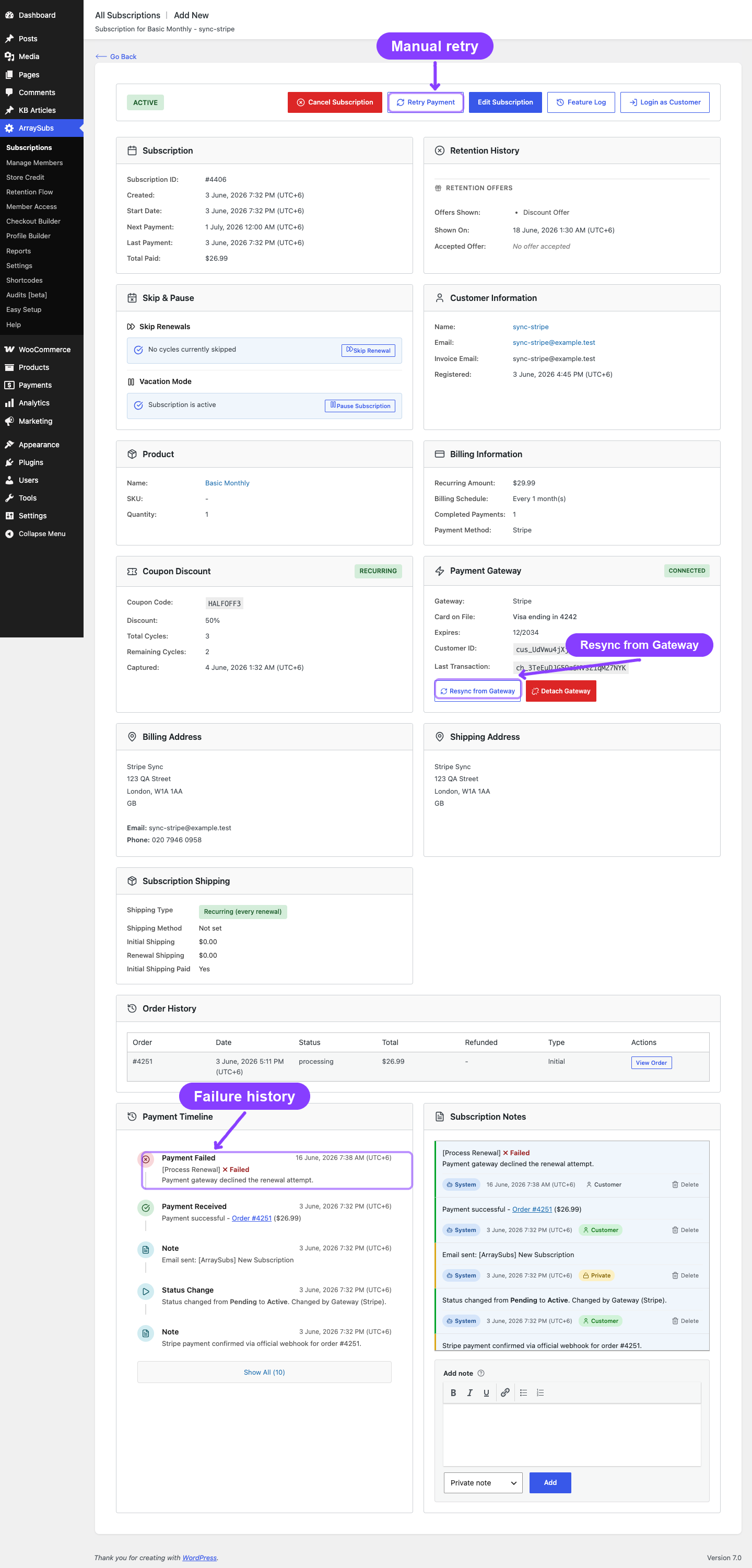 Admin subscription recovery controls: retry, resync, and failure timeline