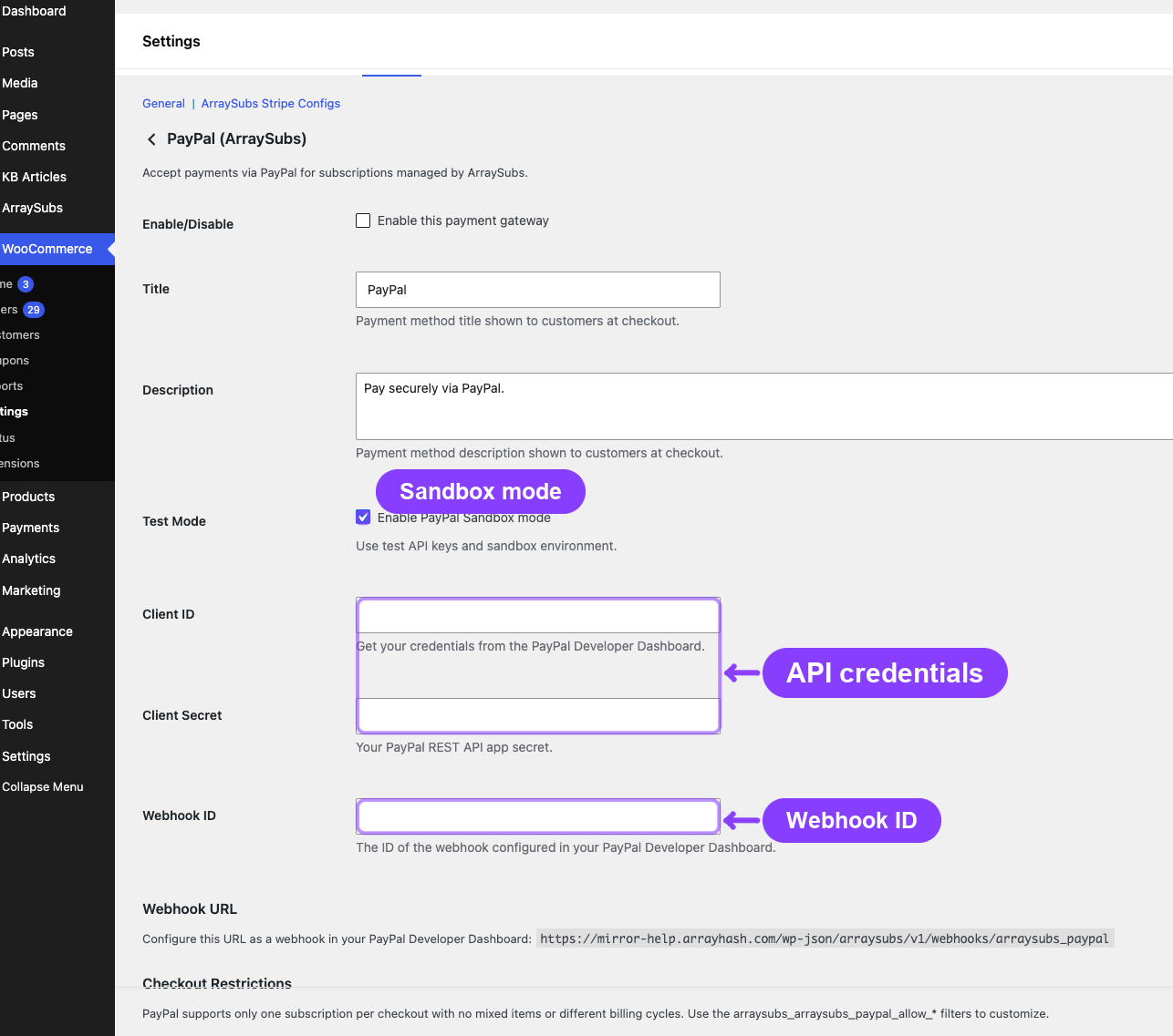 PayPal (ArraySubs) gateway settings with sandbox, credentials, and webhook ID