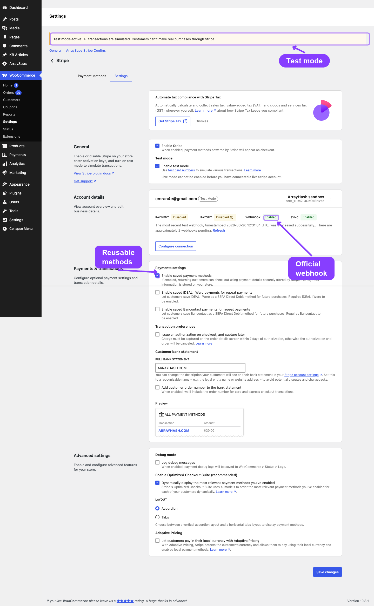 Official WooCommerce Stripe settings: test mode, webhook, saved methods
