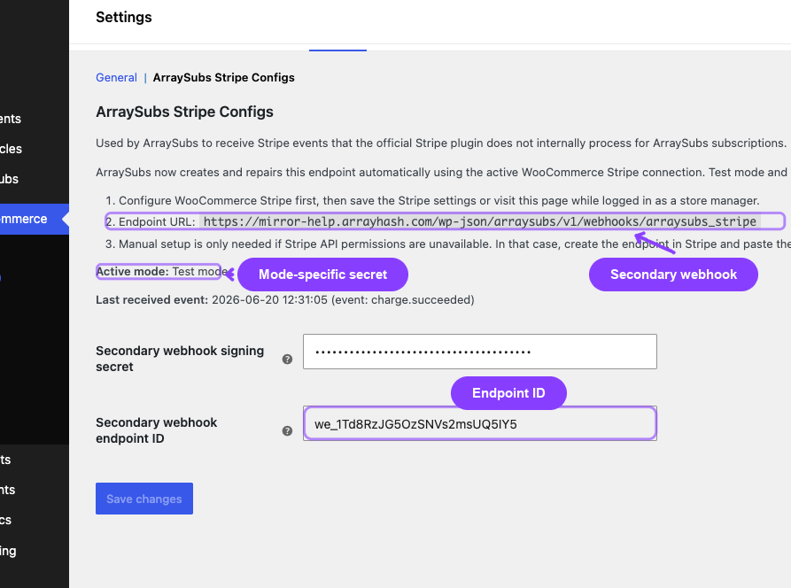 ArraySubs Stripe Configs secondary webhook endpoint