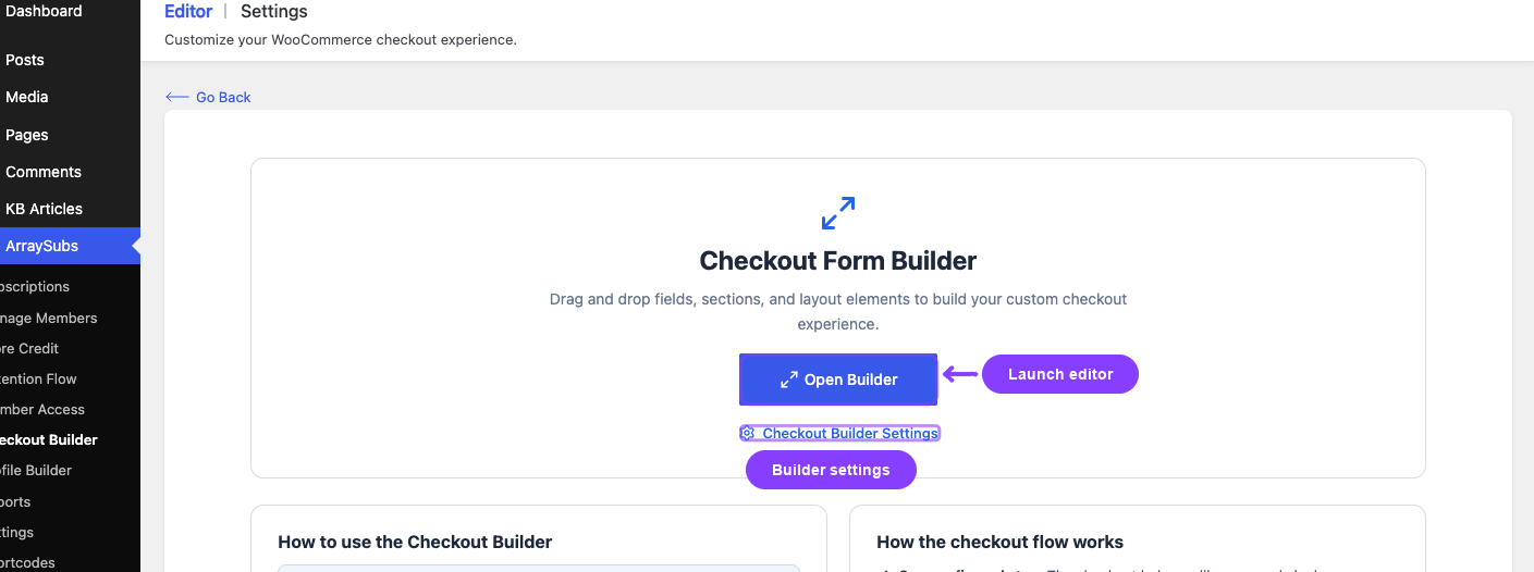 Checkout Builder overview with Open Builder and Settings link