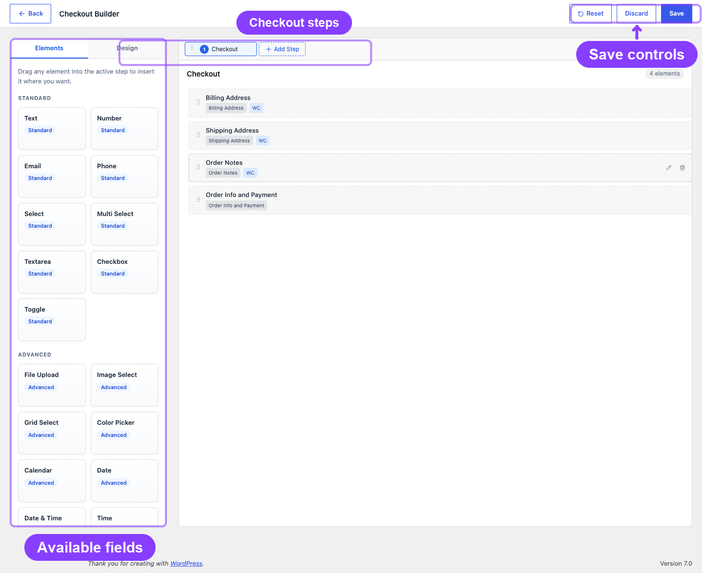 Checkout Builder workspace: elements palette, step tabs, and toolbar