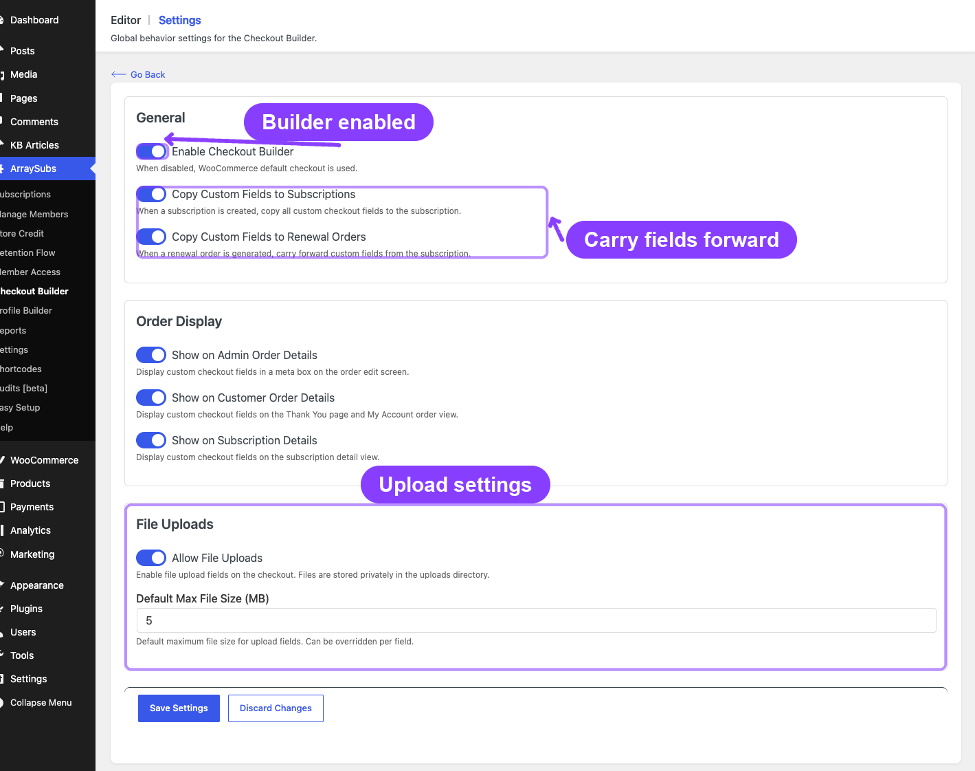 Checkout Builder Settings: enable toggle, field copy, and upload settings