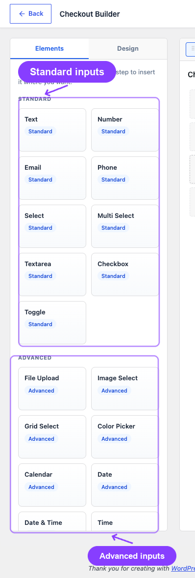 Field palette: Standard and Advanced input groups