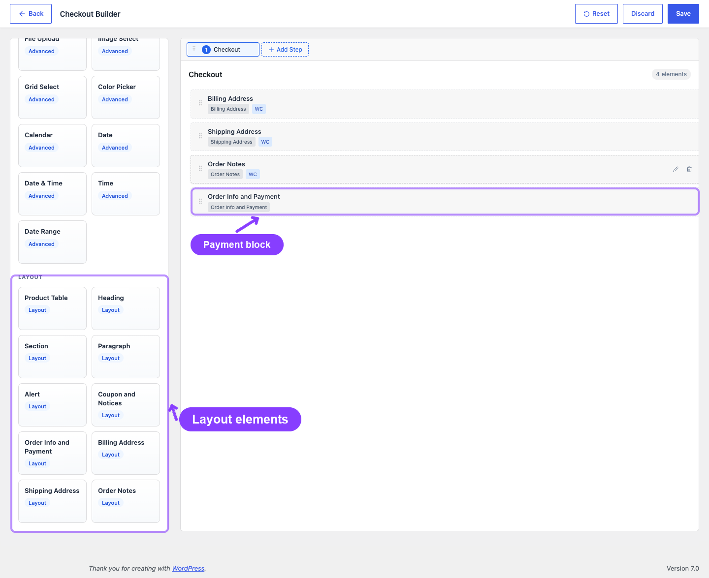 Field palette: Layout and WooCommerce blocks