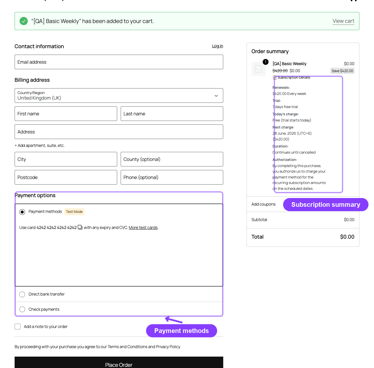 Live subscription checkout with order summary and payment options