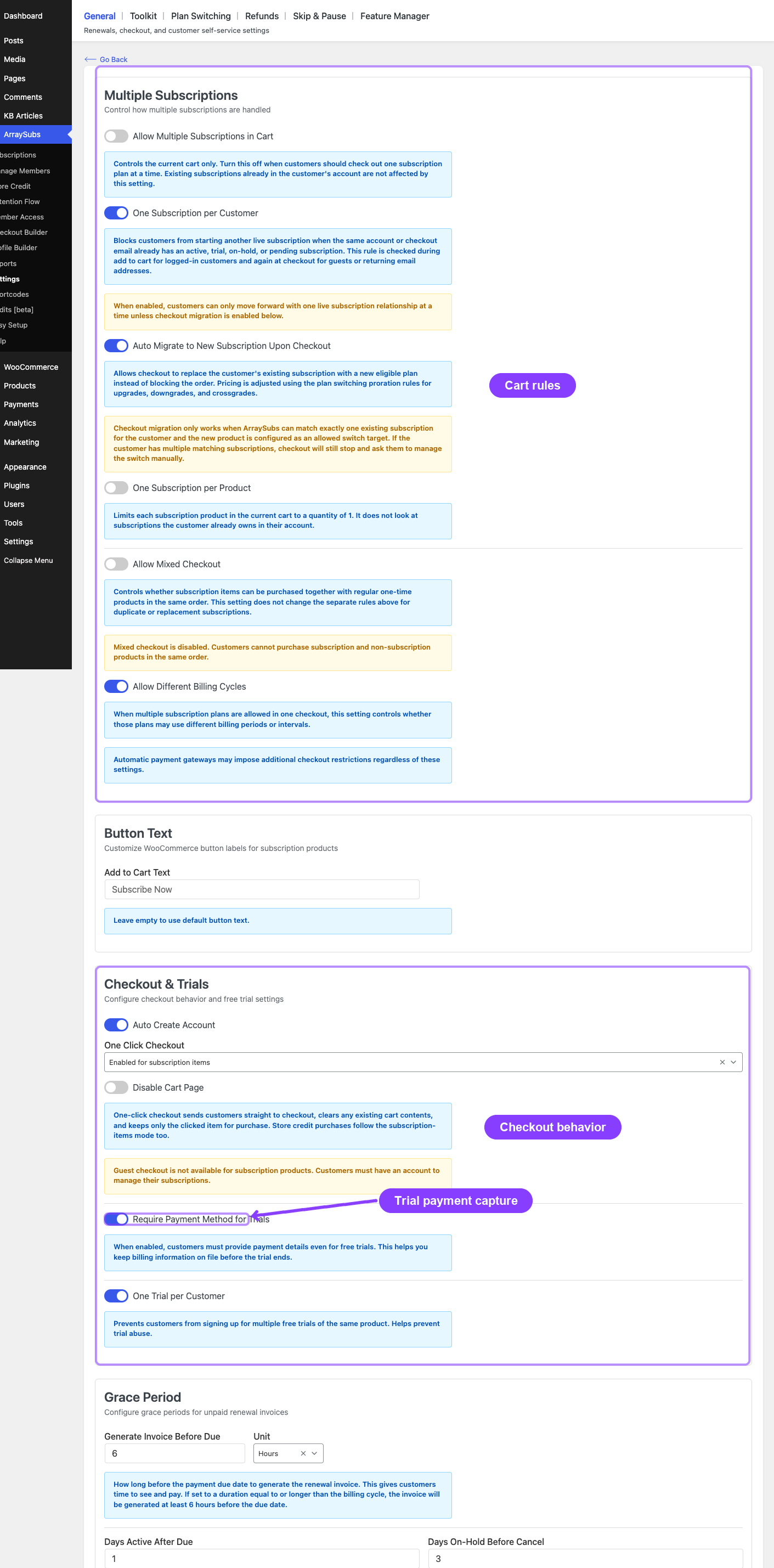 ArraySubs General Settings governing cart and checkout behavior