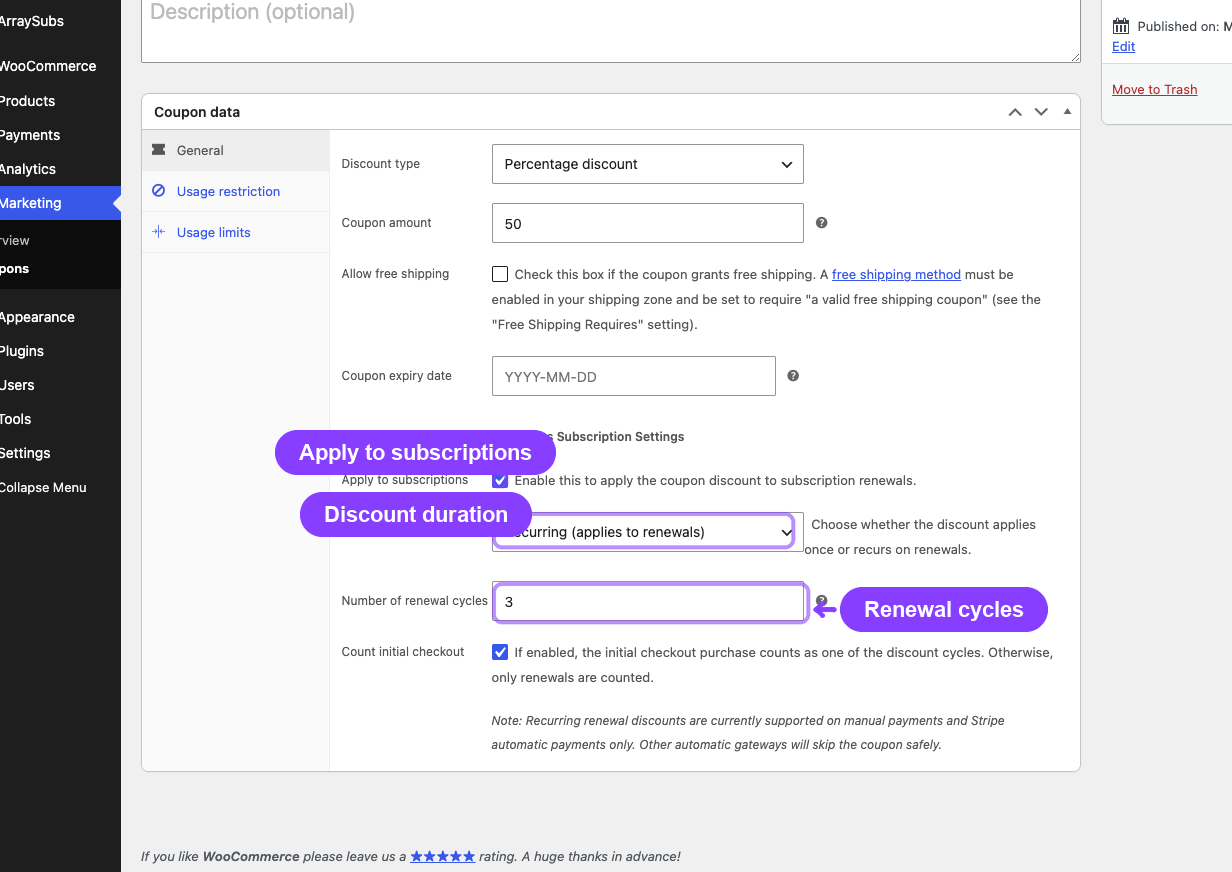 Recurring subscription coupon edit settings