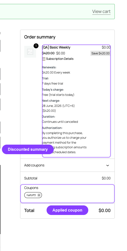 Checkout with the halfoff3 coupon applied to the subscription