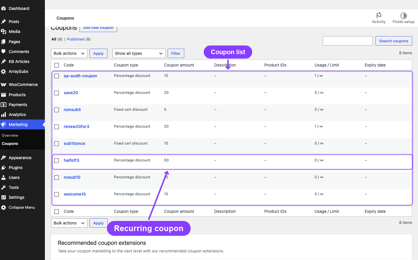 WooCommerce Coupons list with QA recurring coupon rows
