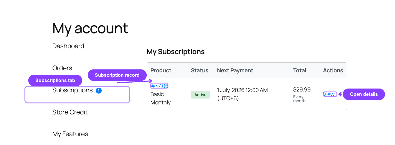 Customer My Account subscriptions list