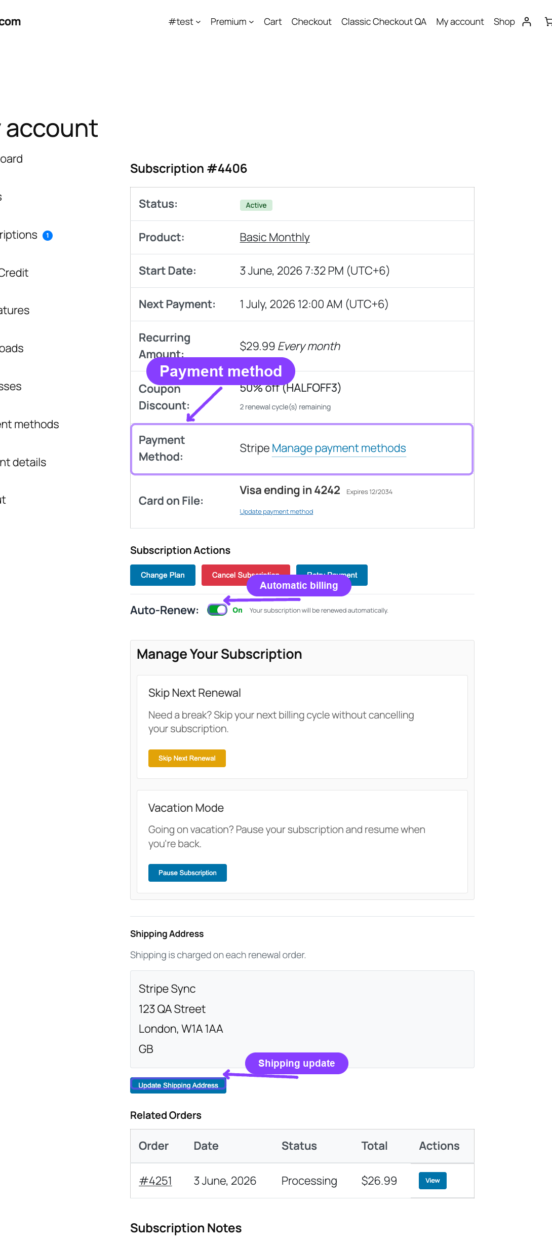 Subscription detail payment method, auto-renew, and shipping update
