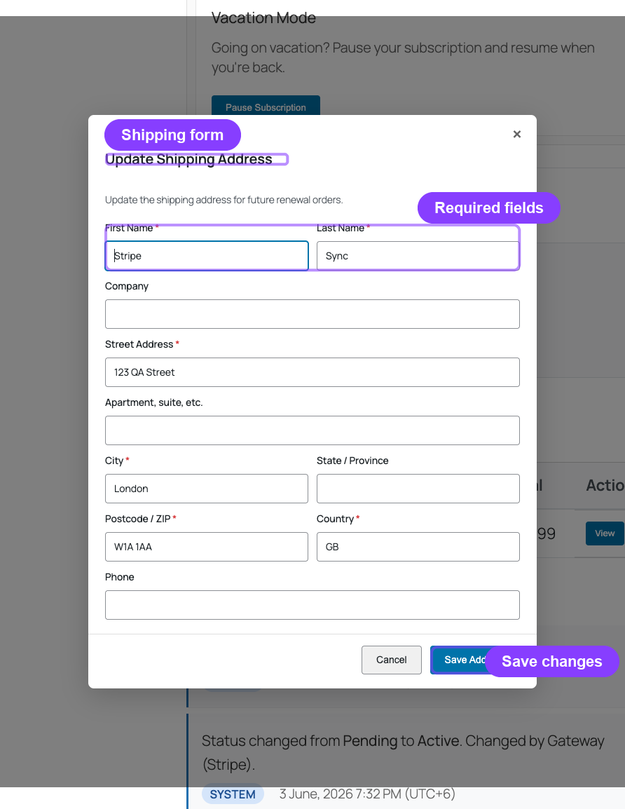 Update Shipping Address modal with required fields