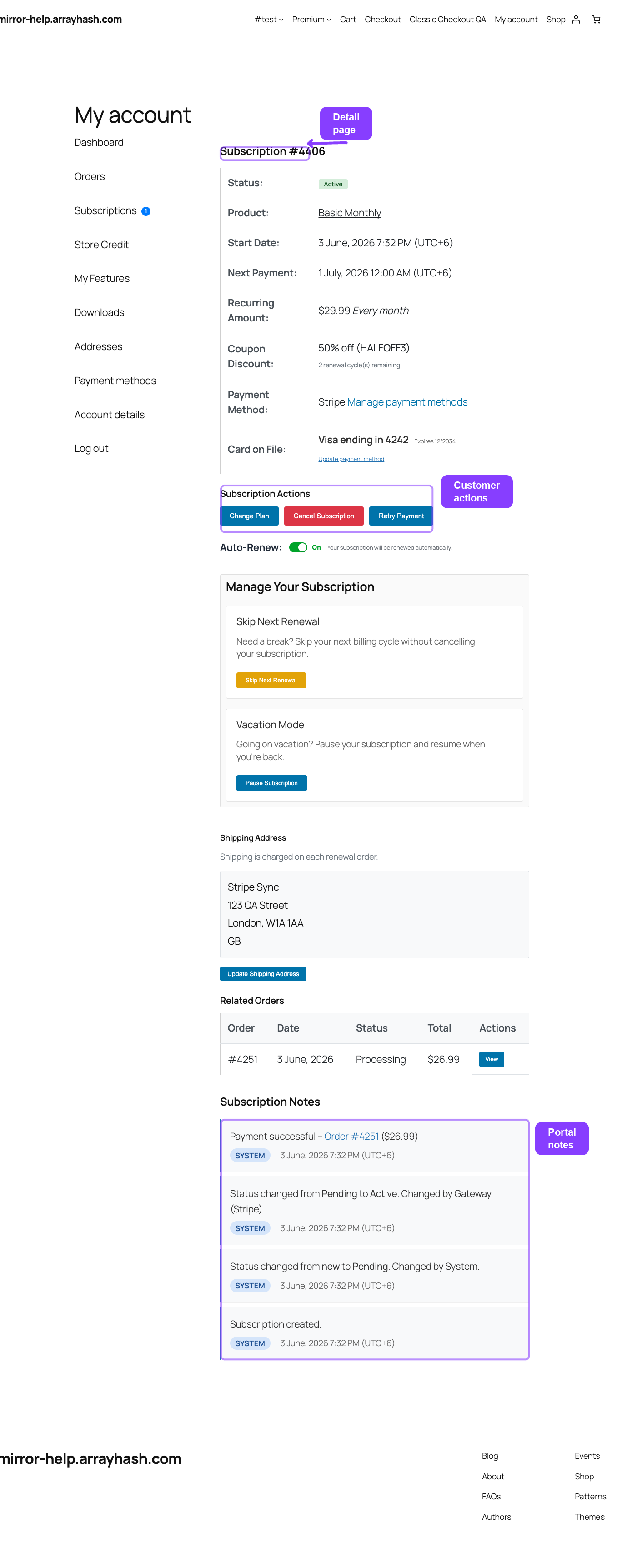 View Subscription detail page with actions, orders, and notes