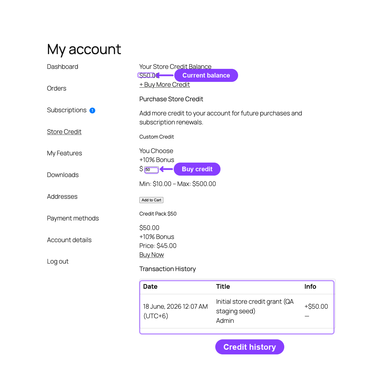 Store Credit page with balance, buy-credit, and history