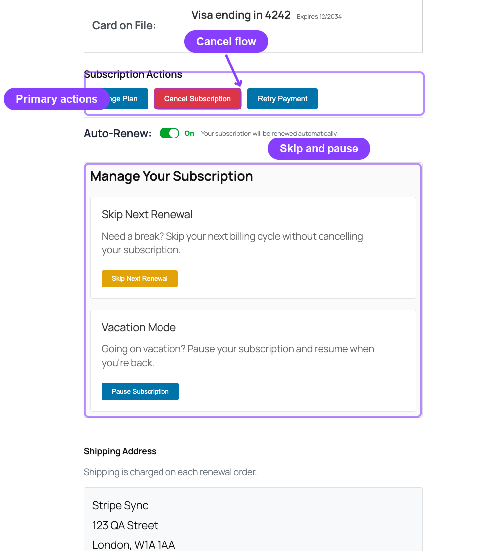 Self-service actions on the subscription detail page