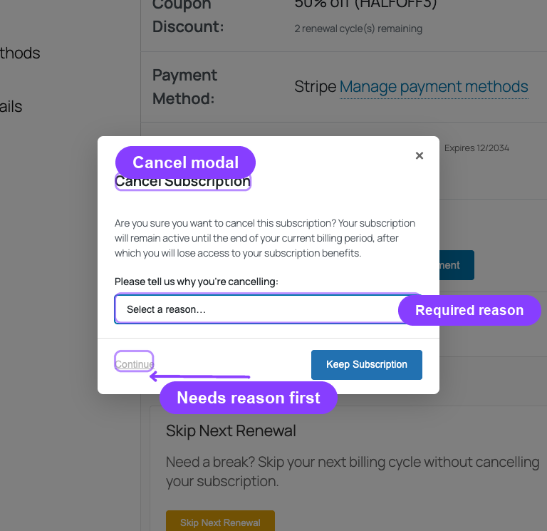 Cancel Subscription modal requiring a reason