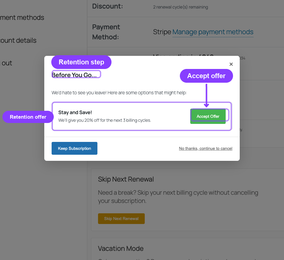 Before You Go retention offer modal