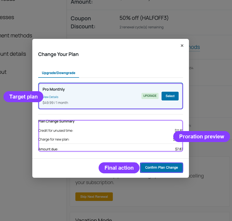 Change Your Plan modal with proration preview