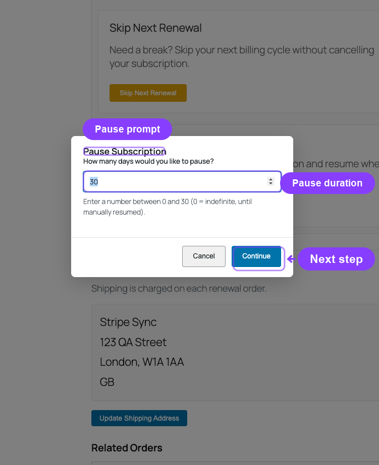 Pause Subscription prompt with pause-days input