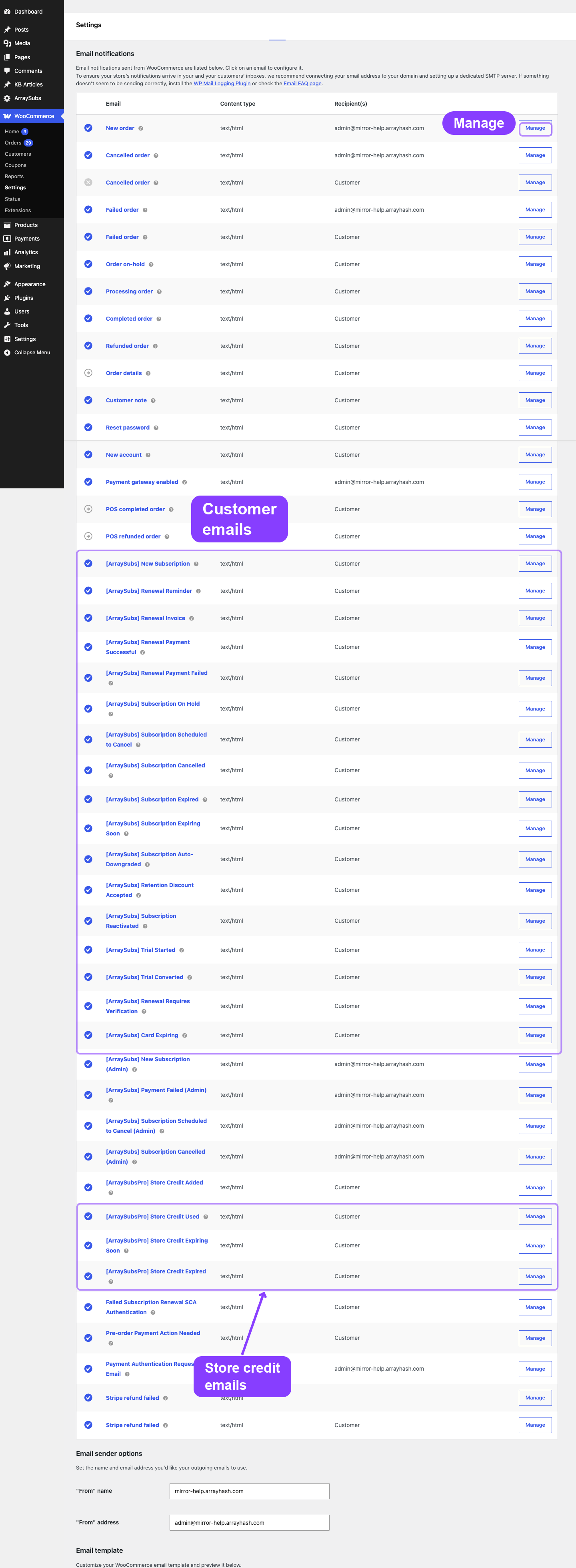 WooCommerce email registry with ArraySubs and Store Credit rows