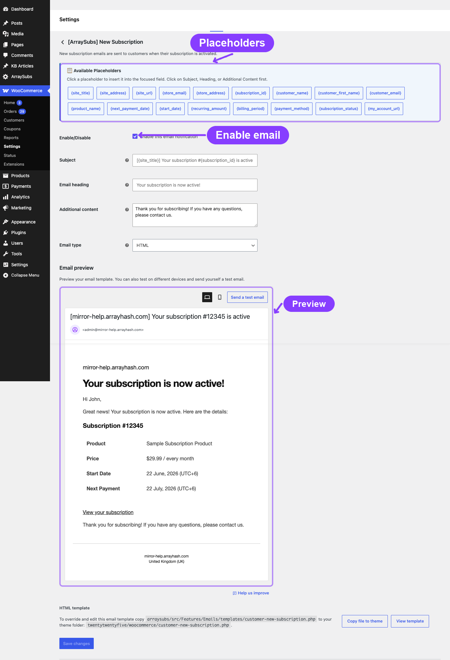 ArraySubs New Subscription email settings page
