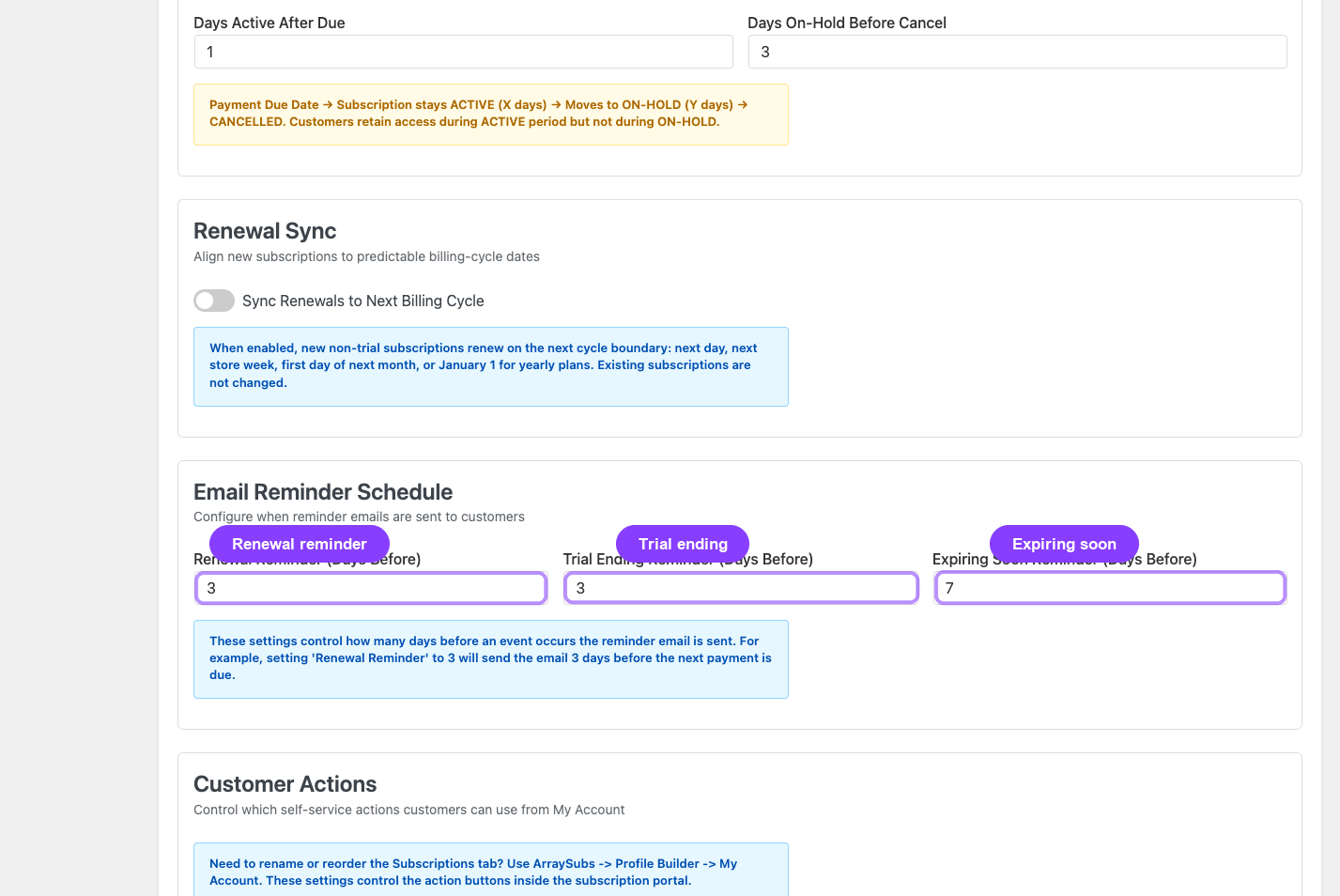 Email Reminder Schedule settings with day inputs