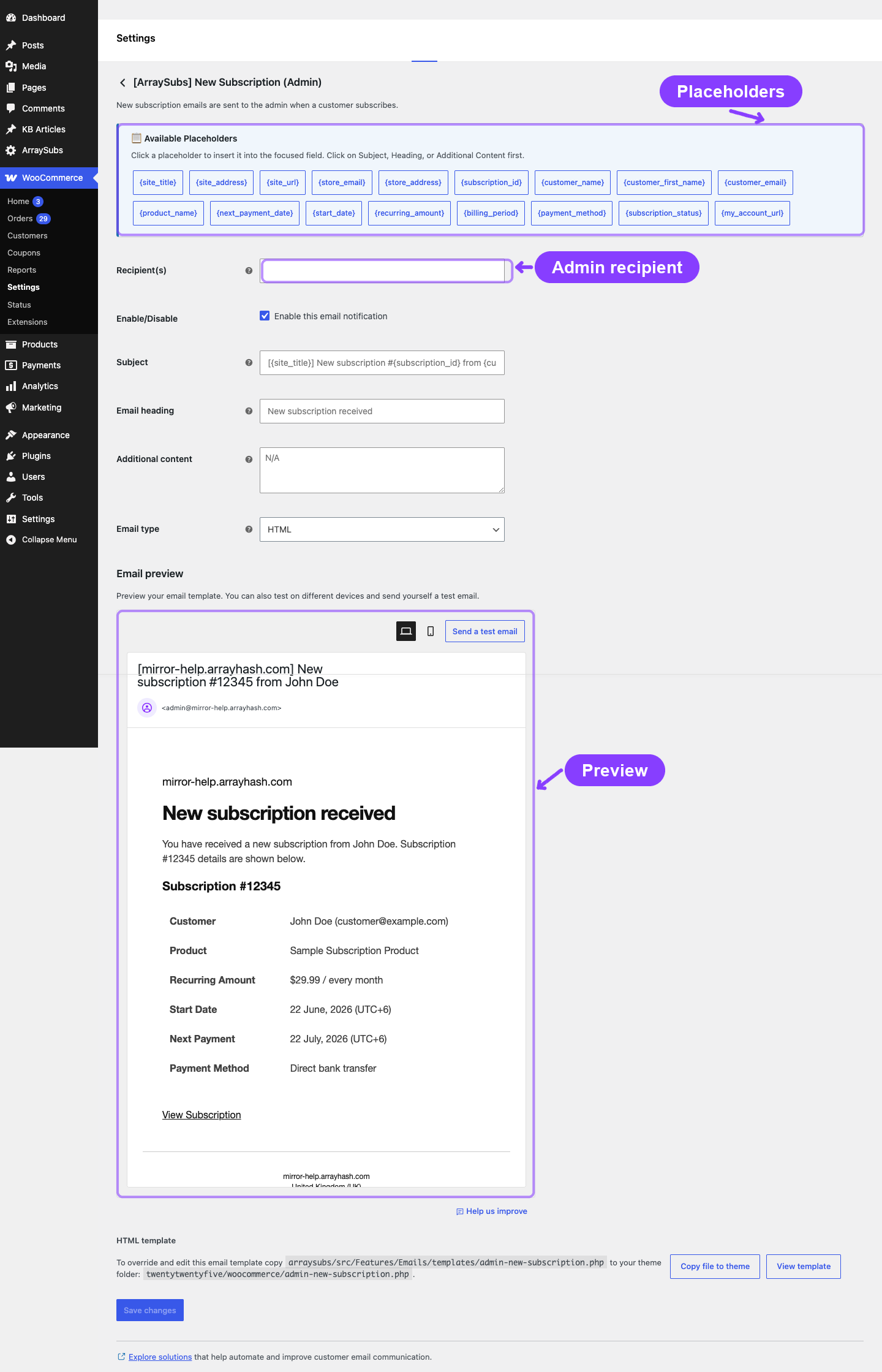Admin New Subscription email settings page