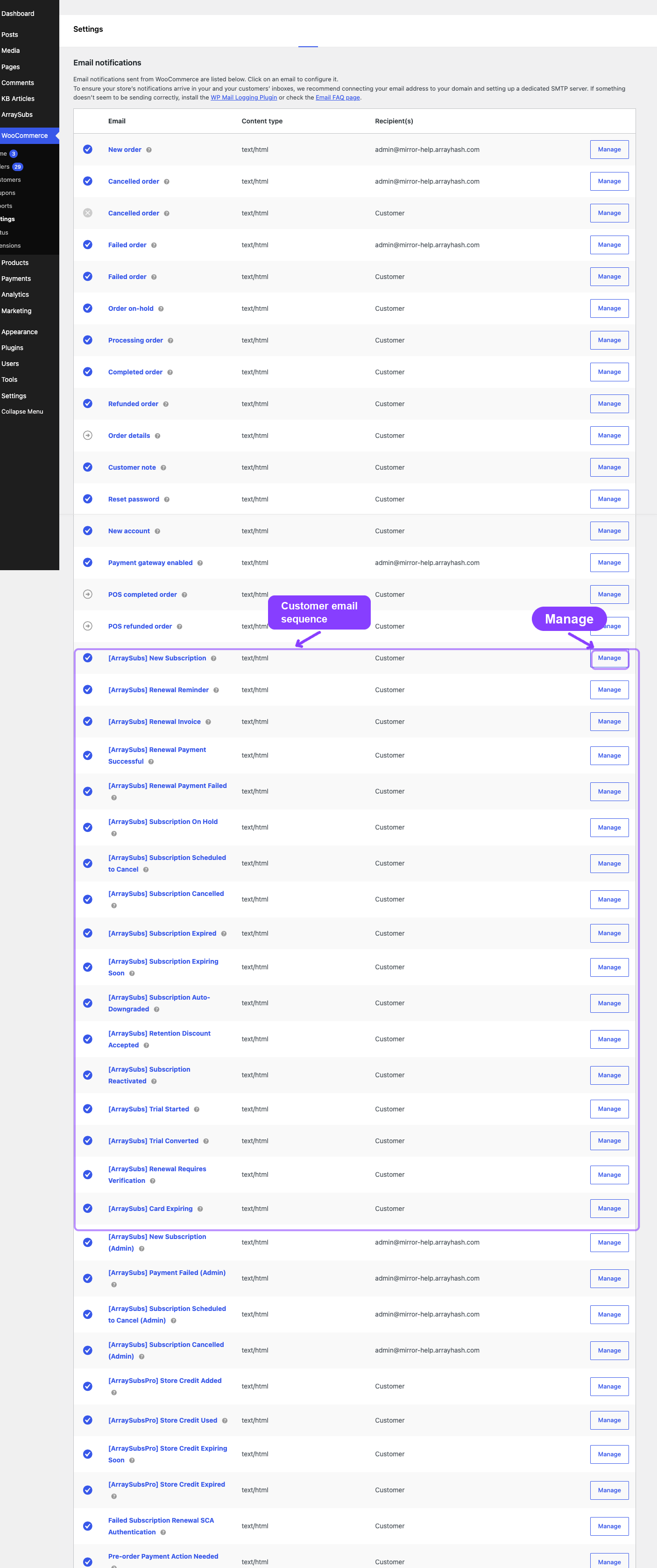 WooCommerce email registry with the ArraySubs customer email sequence