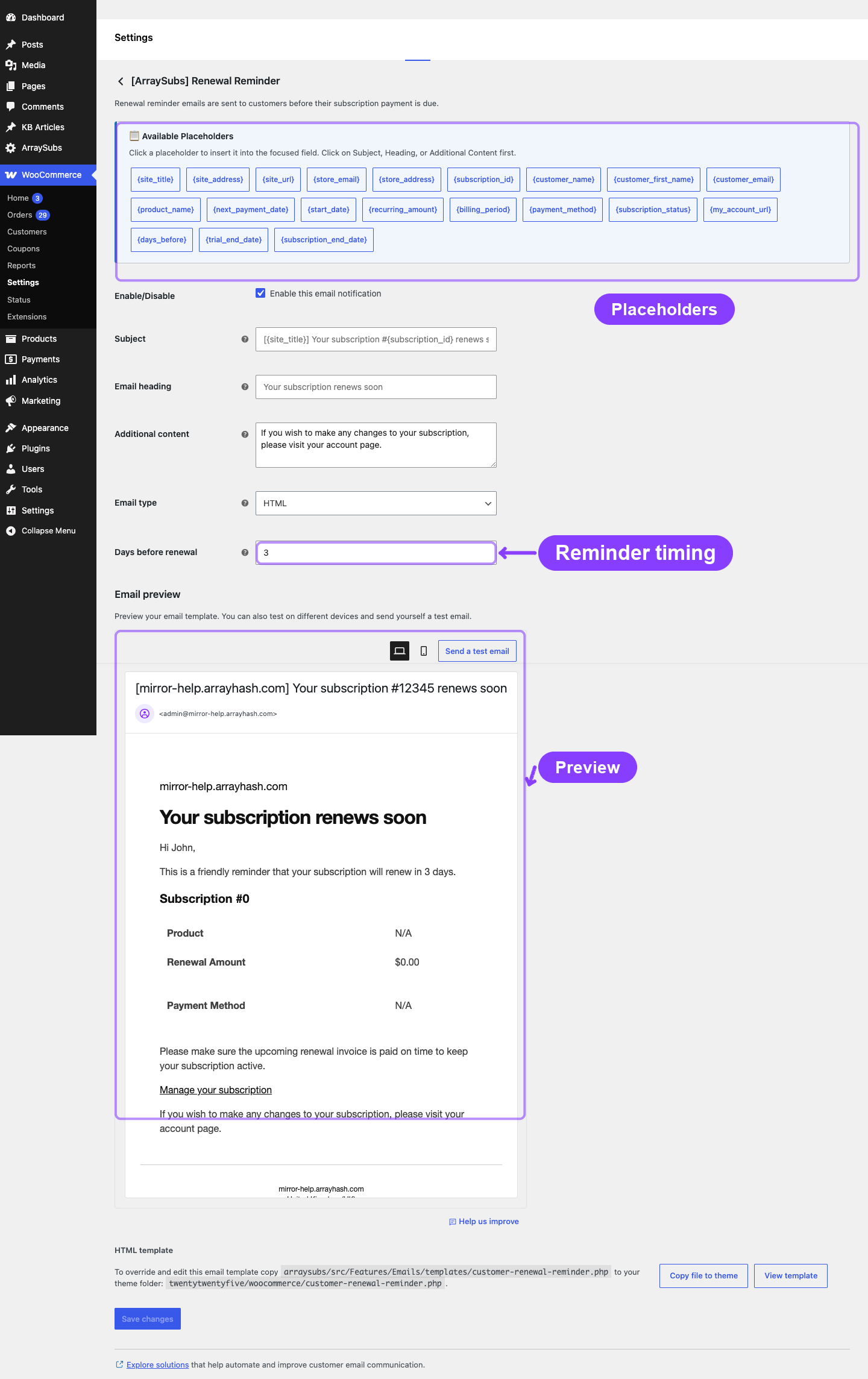Renewal Reminder email settings with days-before timing