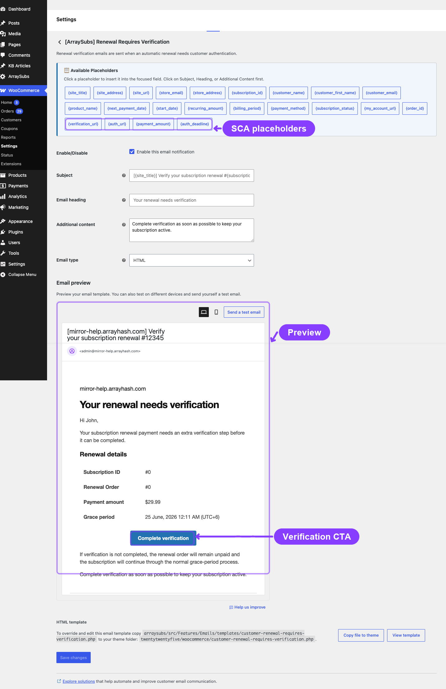 Renewal Requires Verification email settings with SCA placeholders