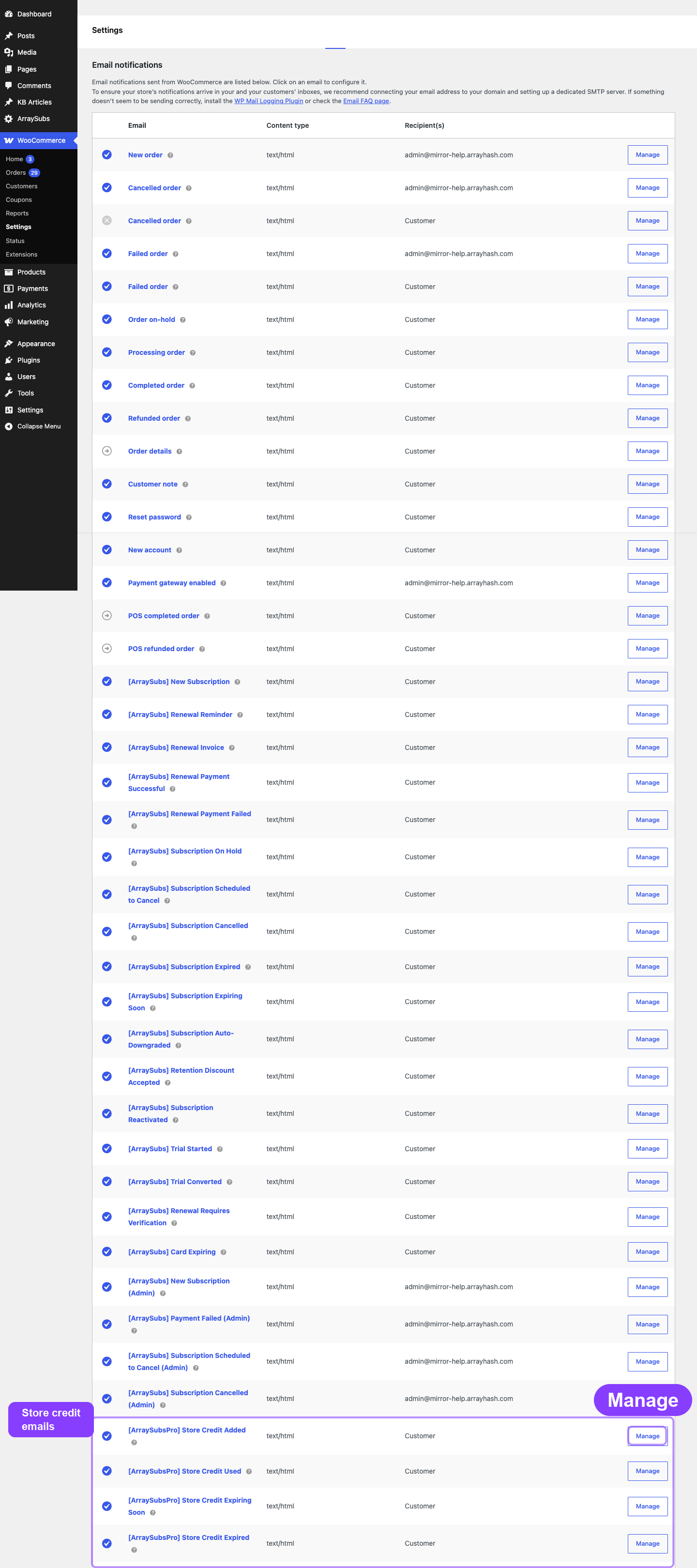 WooCommerce email registry with the four Store Credit email rows