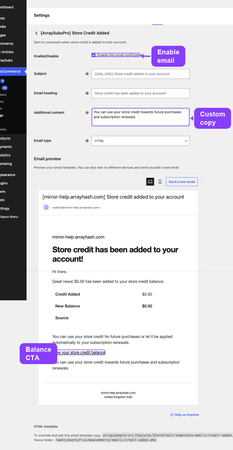 Store Credit Added email settings page