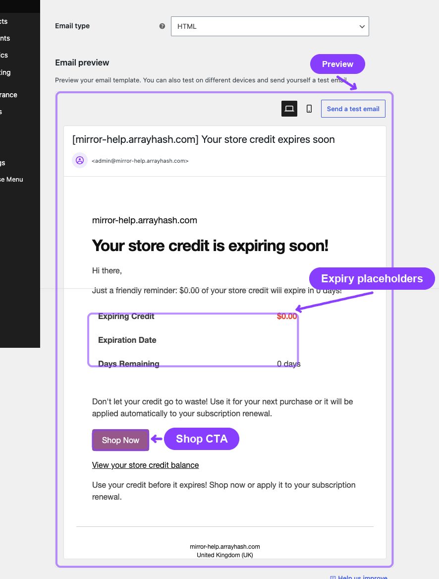 Store Credit Expiring Soon email settings page