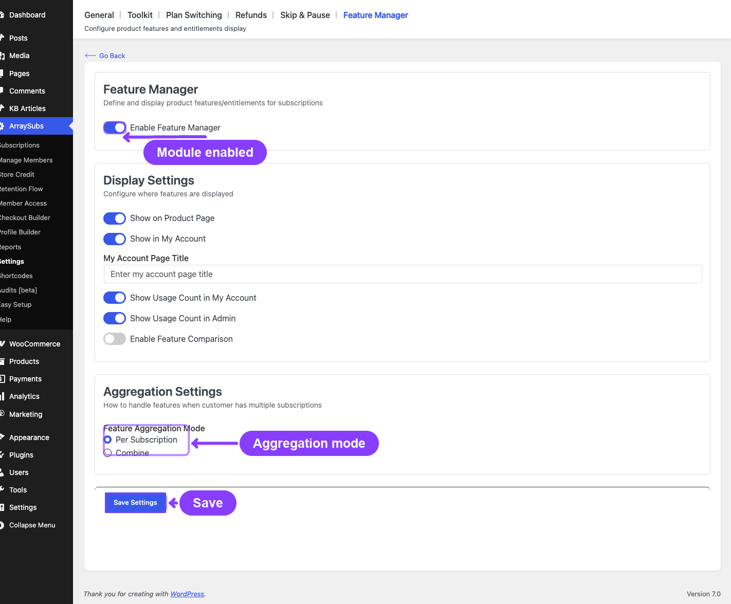 Feature Manager settings tab