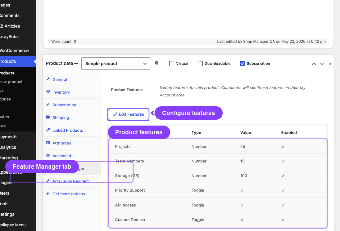 Product editor Feature Manager tab with configured features